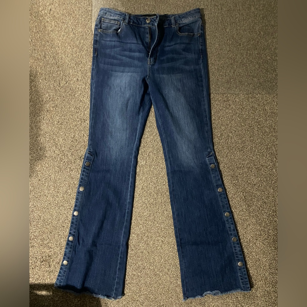 Stylish Navy Flare Jeans with Button Details
